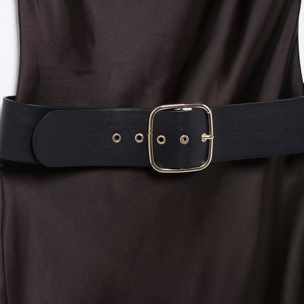 Women's Spring New European and American Style Belt Silk Texture Midi Dress