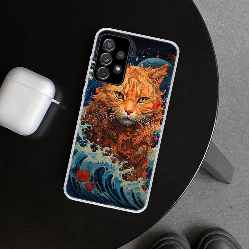 Anime Cat Sea Wave Aesthetic Phone Case for Samsung Galaxy A17 A16 A26 A36 A56 A57 A37 A15 A25 A35 A55 A14 A24 A34 A54 A13 A23 A