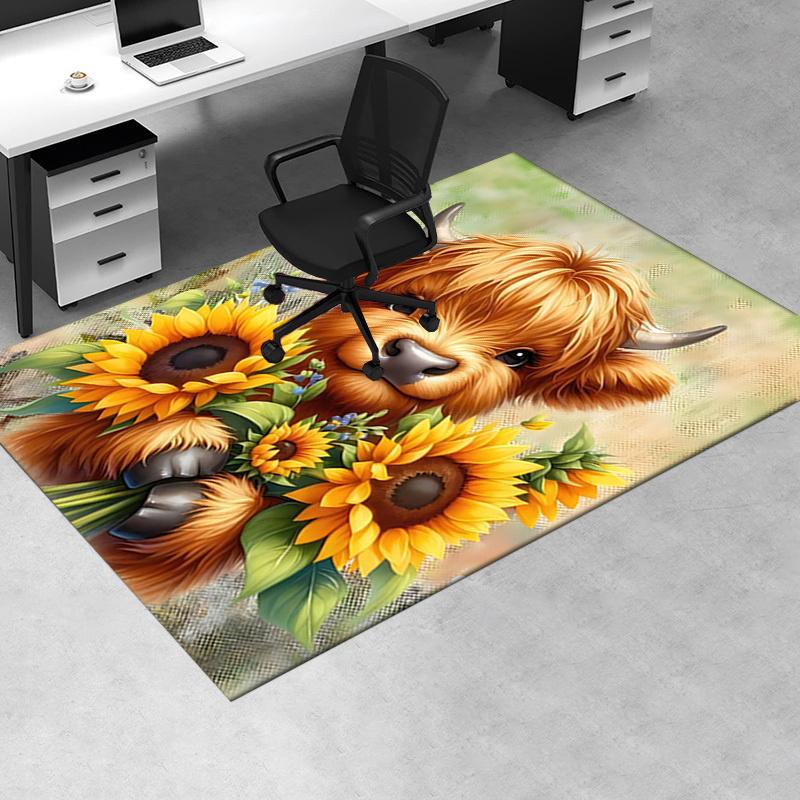 Highland Bull Theme Sunflower Chair Mat Office Carpet, Large Rug for Home Decor, Desk Pad Gift, Suitable for Bedroom, Living Room, Various Rooms
