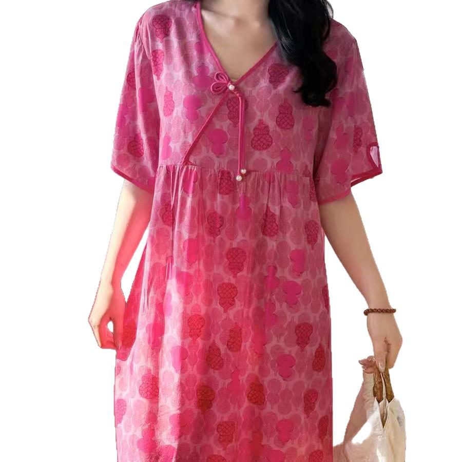 2026 Women's Lyocell Cotton Nightgown - Summer Short Sleeve, Outdoor & Homewear, New Chinese Style, Plus Size