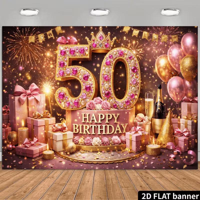 2D Elegant 50th Birthday Backdrop with Champagne, Roses and Gifts Photo Booth Banner