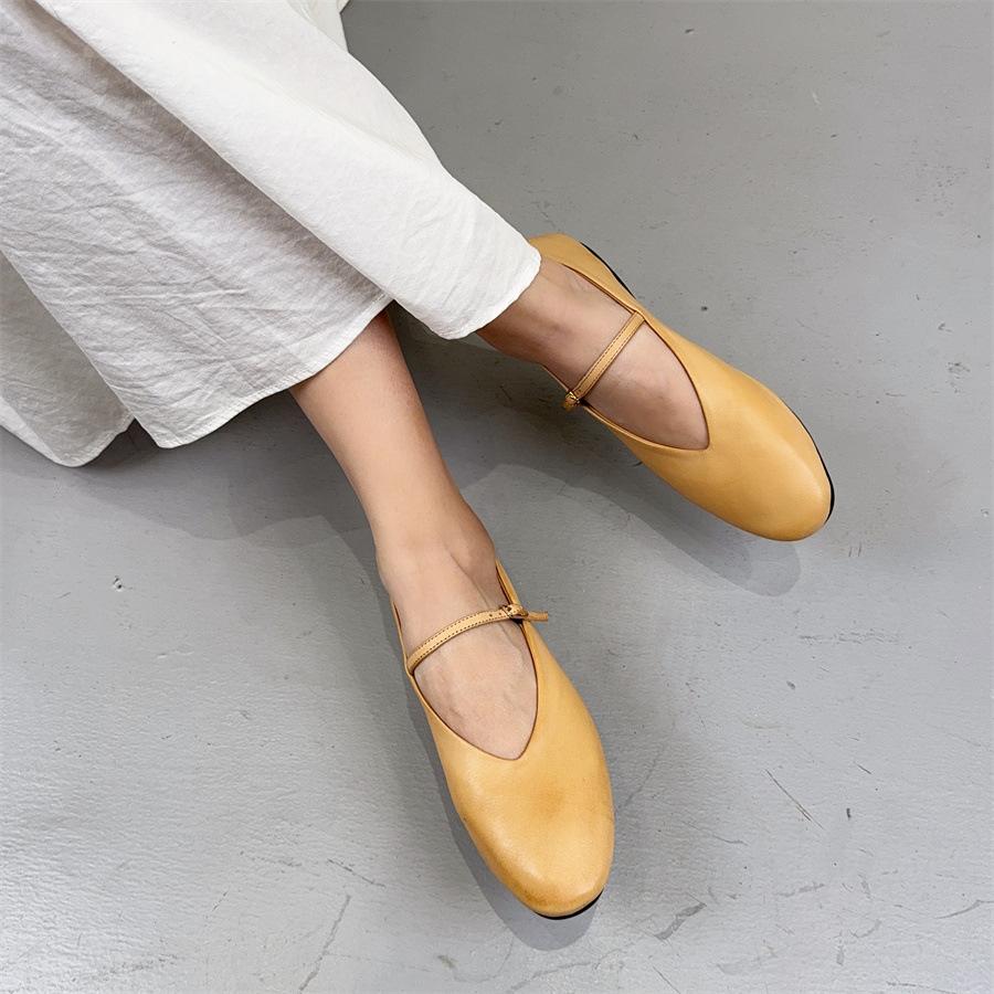 Johnature Genuine Leather Flats Women's Shoes Round Toe Casual Shallow Belt Buckle Soft Soled Shoes