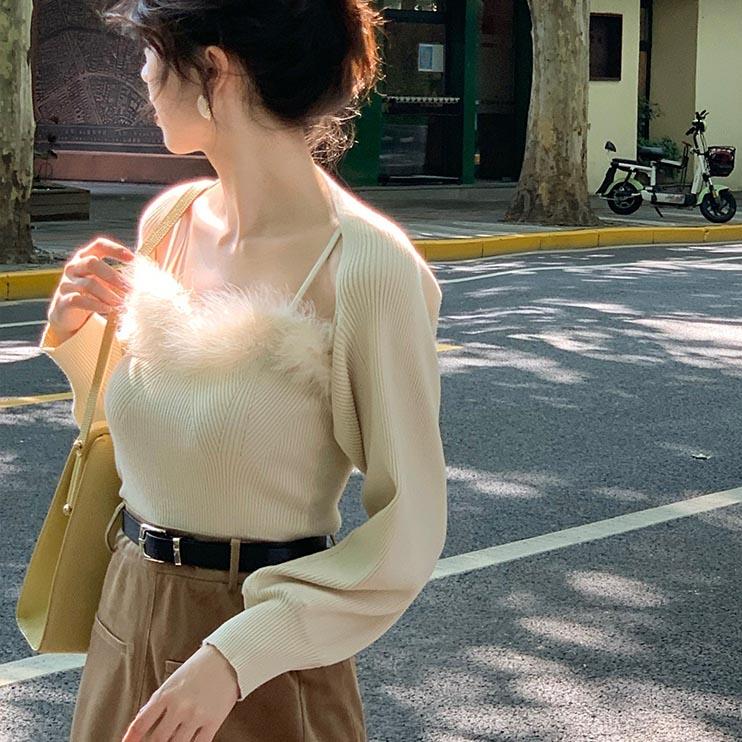 Two- Piece Sweaters Women Korean Fashion Long Sleeve Knitted Cardigan Woman + Fluff Camisole Sweet Camisole Female  C-036