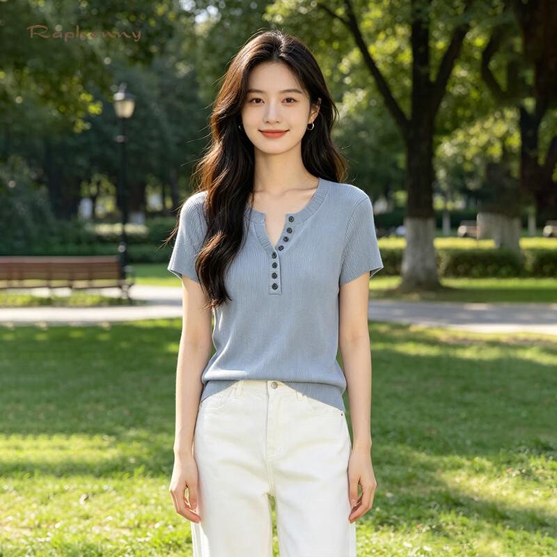 Raphenny Women s Tencel Cotton Short Sleeve V-Neck Knit Top L дымчато-синий