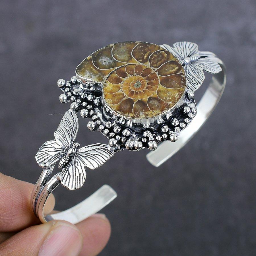 Ammonite Fossil Gemstone 925 Sterling Silver Cuff Bangle Adjustable