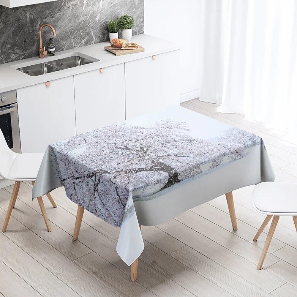 Față de masă cu zăpadă de iarnă frumoasă, anti-fouling, impermeabilă, dreptunghiulară, pentru decorarea casei