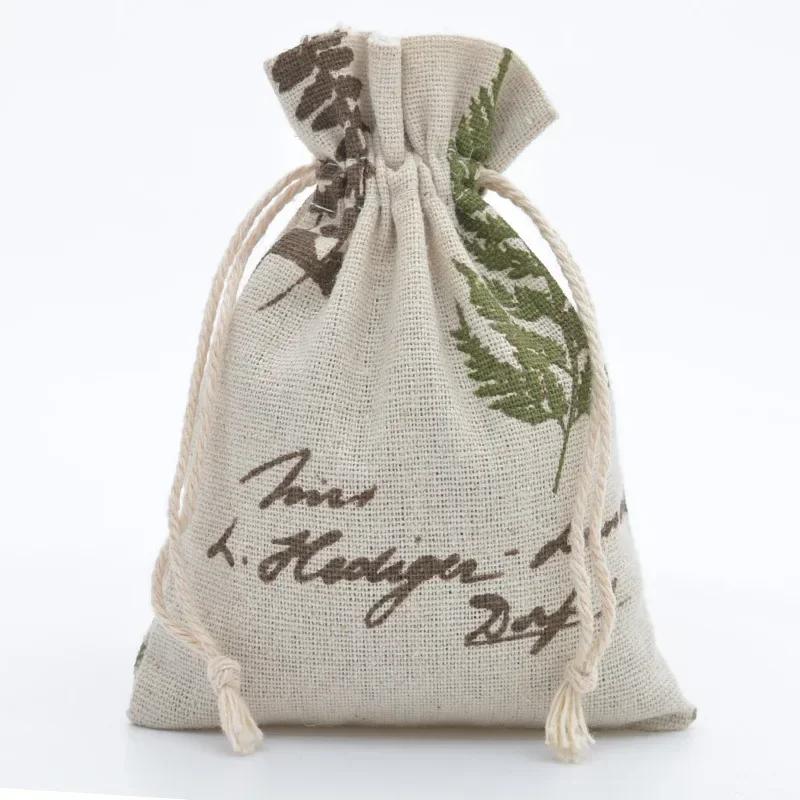10pc Drawstring Cotton Linen Print Organizer 10x14/13x18cm Women Jewelry Cosmetics Cloth Bag Christmas Gift Bag Party Decoration