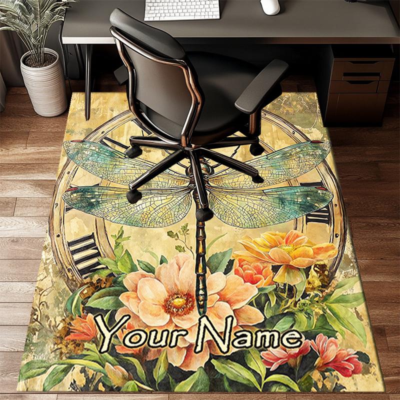 1PC Custom Name Dragonfly Time Garden Theme Floor Mat Ideal for Living Room, Game Rooms, Office, Bedroom, Floor Mat Playful Design