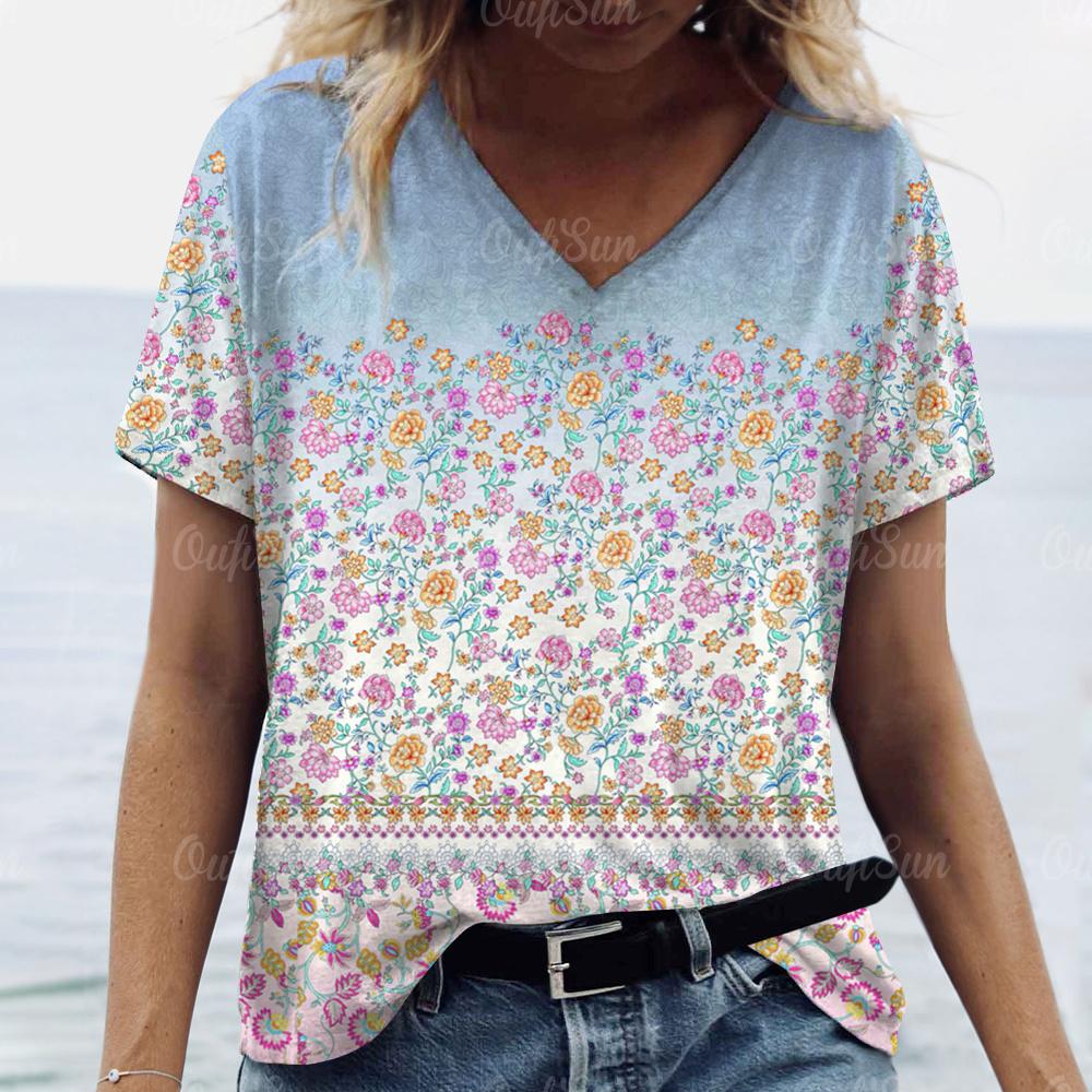 Vintage Damen T-Shirt Ethnischer Blumendruck Übergroße Bluse Damen Trendige Kleidung Mode Kurzarmshirt Damen V-Ausschnitt Hund