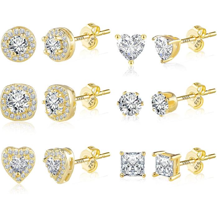 Hypoallergenic Silver Stud Earrings for Women Cubic Zirconia Halo Round Heart Square Diamond Large Silver Stud Set Earring