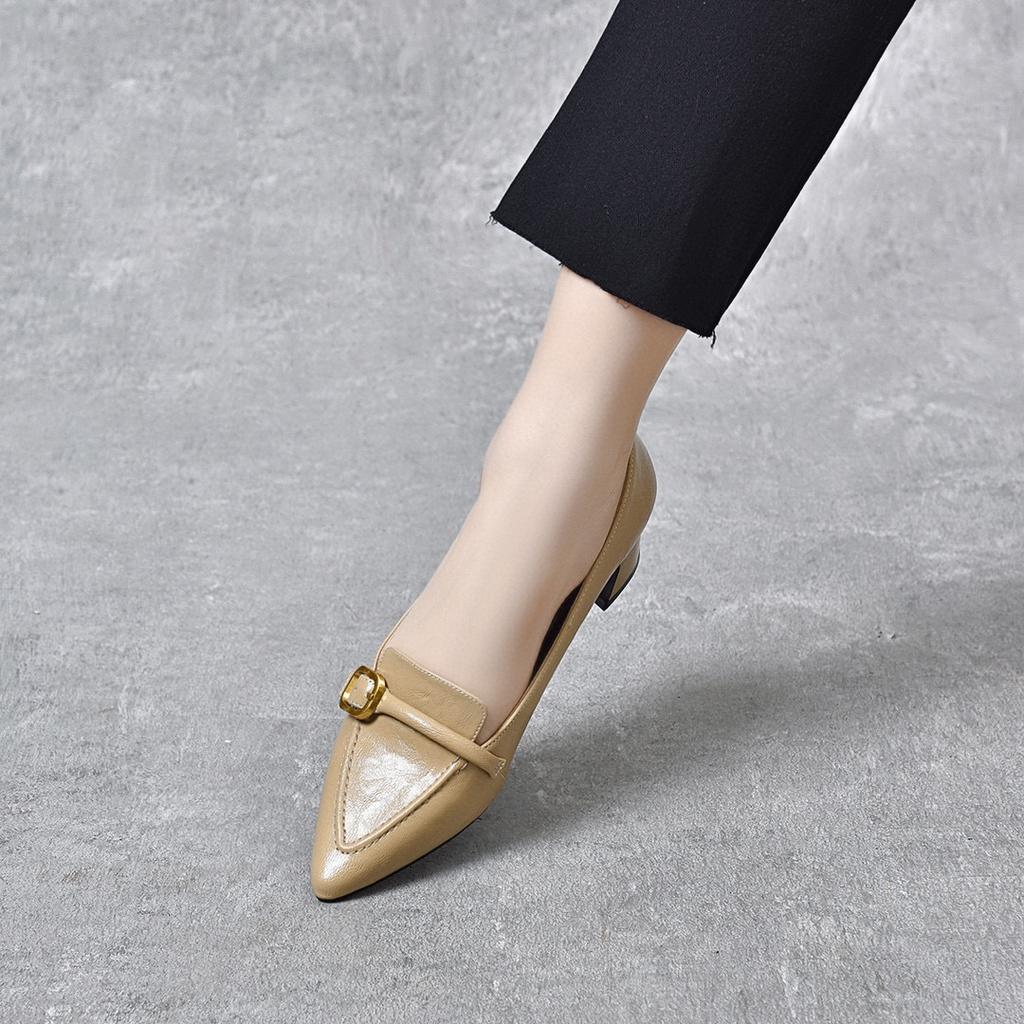 Pointed high heels women's shoes spring new belt buckle small single shoes elegant middle heel work shoes