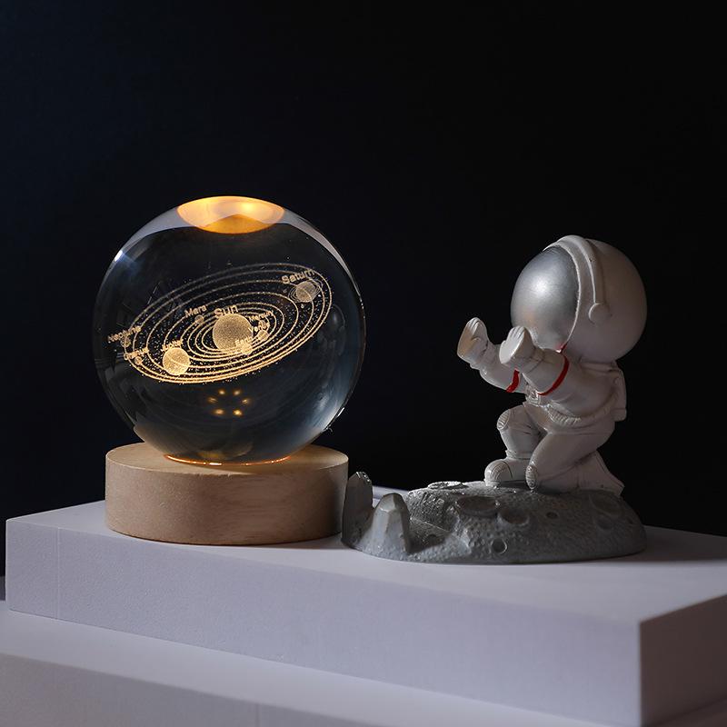 Remote Control Crystal Ball Night Light with Wooden Base – 3D Carving Luminous Glass Ornament, Perfect for Birthdays.