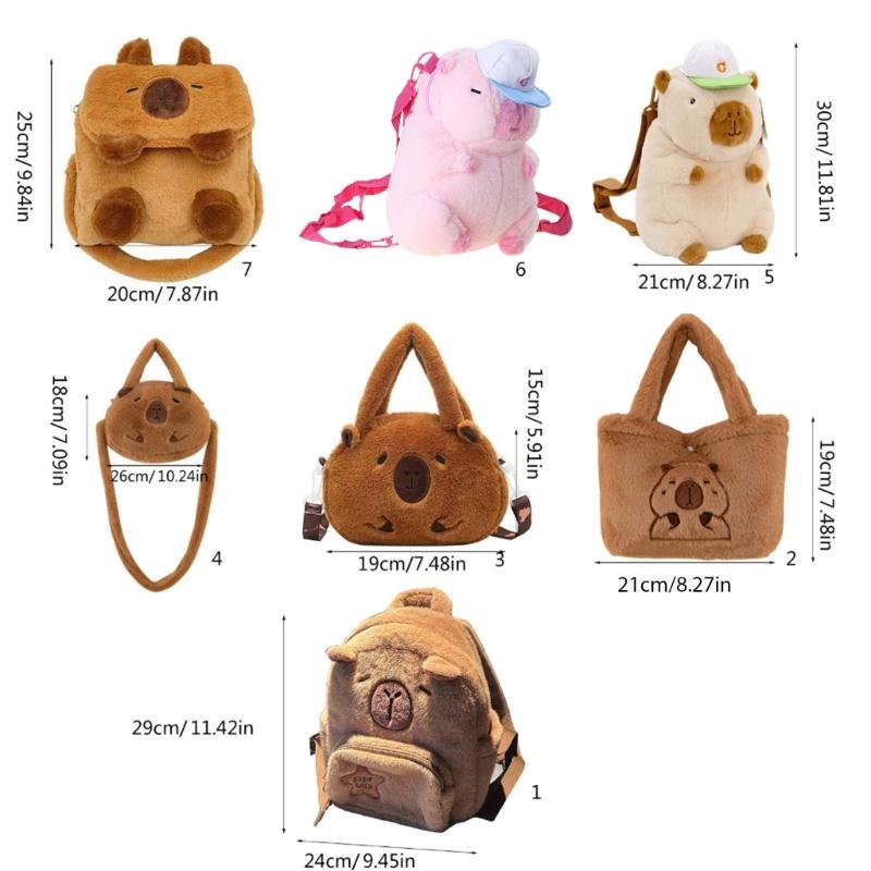 Cartoon Plush Capybara Animal Backpack for Teens Multiple Pockets Student School Bag Zippered Crossbody Shoulder Bag