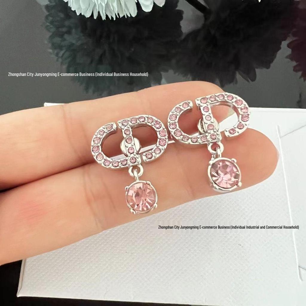 In-Stock Pink Diamond Tassel Earrings: Elegant Women's Sweet Style with Inlaid CD Letters