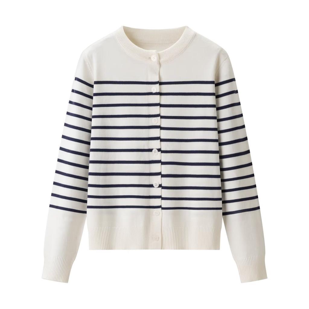 New, spring loose and thin striped crew-neck knitted cardigan