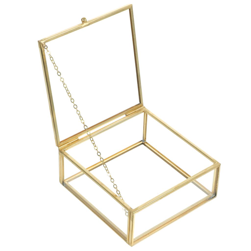 Estuche de Joyería de Vidrio Retro con Tapa Caja de Exhibición Transparente Reforzada con Aleación para Pequeños Adornos Anillos Pendientes Colgantes Hogar Dormitorio