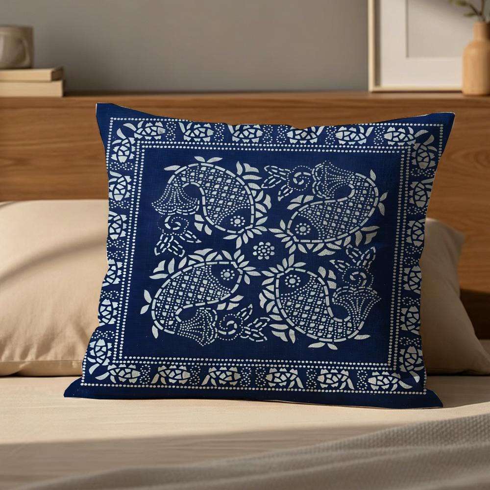 B-Blue Calico Cushion Cover Cushion Cover Pillowcase, Anti-Mite Invisible Zipper, Linen Sofa Cushion