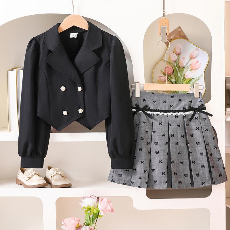 Girls' Casual Short Skirt Set, Autumn Children's Bow Pleated Skirt, Long-sleeved Suit Jacket Two-piece Set