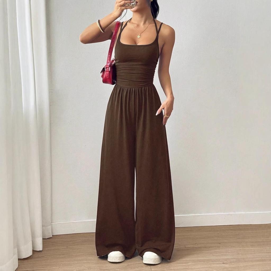 Women's European & American Casual Summer Spaghetti Strap Bandeau Jumpsuit - Solid Color, Wide Leg, Loose Fit