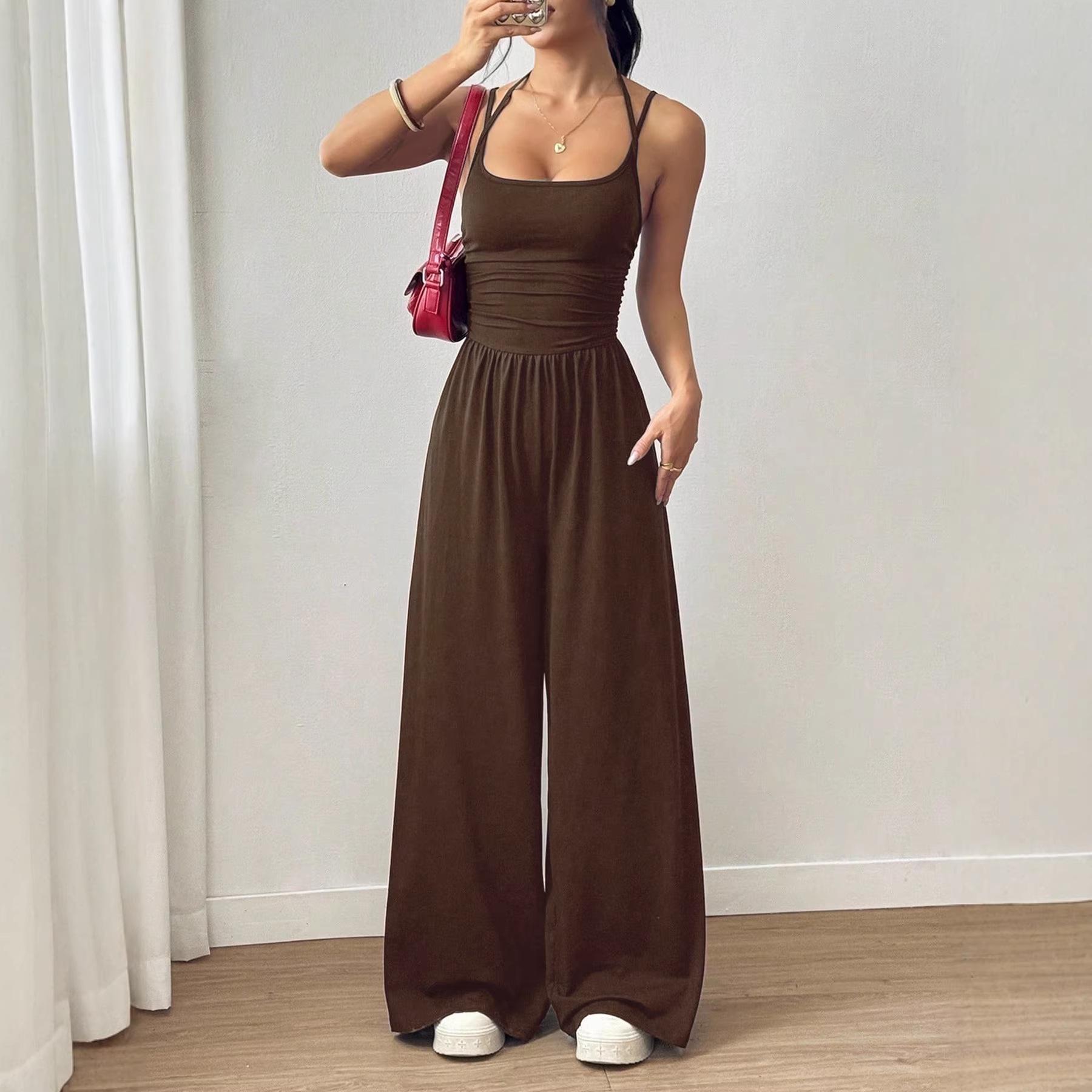 

Women s European & American Casual Summer Spaghetti Strap Bandeau Jumpsuit - Solid Color, Wide Leg, Loose Fit Extra Large кавовий