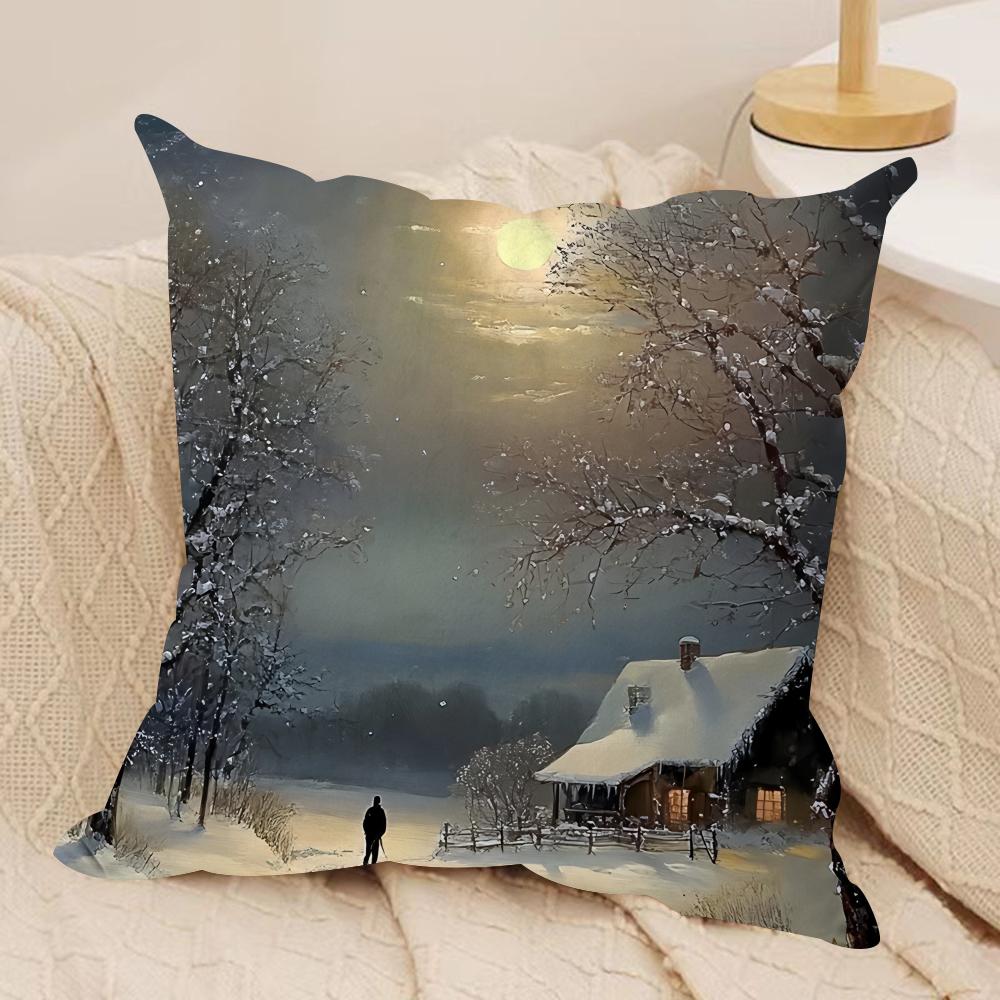 Snow Night Art Cushion Cover Silky Short Plush Invisible Zipper Dustproof Sofa Pillow Case For Home Decor