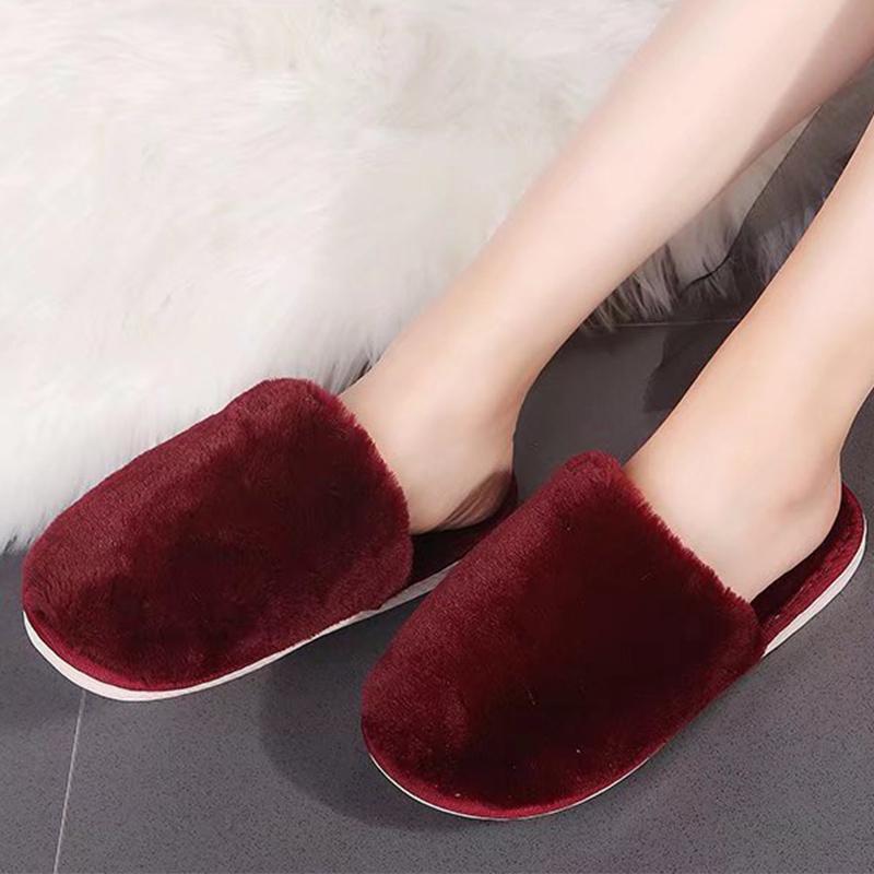 Fashion Indoor Round Toe House Fur Slippers Women Faux Fur Warm Plush Slides Woman Winter Comfort Slip On Non Slip Cotton Slippers Mujer
