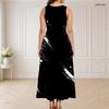 Women Plus Size Sleeveless Round Neck Triple Keyhole Cutout Black White Printed Maxi Dress