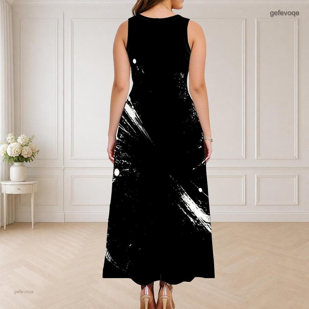 Women Plus Size Sleeveless Round Neck Triple Keyhole Cutout Black White Printed Maxi Dress