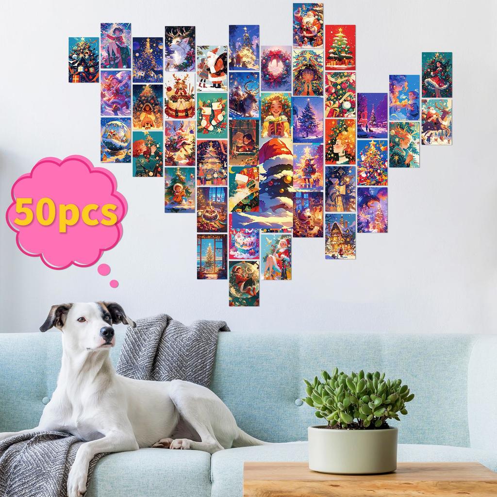 50 Christmas Tree Snowman Healing Theme Wall Cards Christmas Hats Warm Picture Decoration Bedroom Wall Greeting Cards