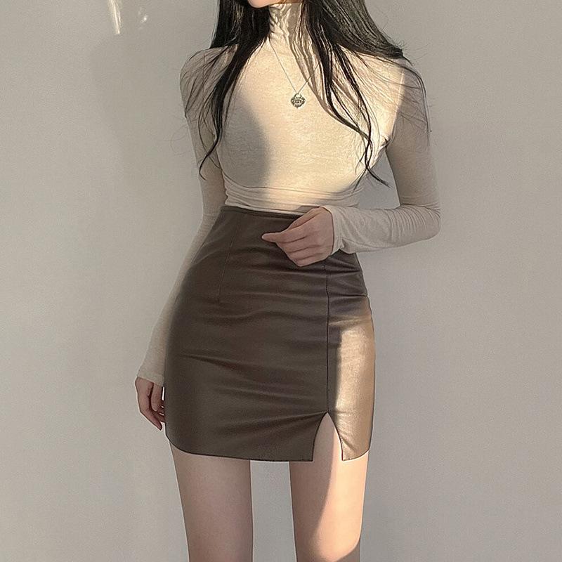 

Юбка из коричневой искусственной кожи Юбка с высокой талией, облегающая, сексуальная юбка до бедер, юбка-стрейч с разрезом, юбка с разрезом, короткая юбка из огненной кожи L коричневый