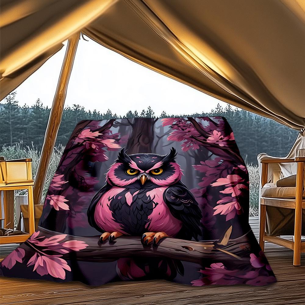 1pc Owl Cherry Blossom Branch Throw Blanket Polyester Fiber, Lightweight Flannel, Soft & Warm, All Season Use for Outdoor, Camping Digital Print