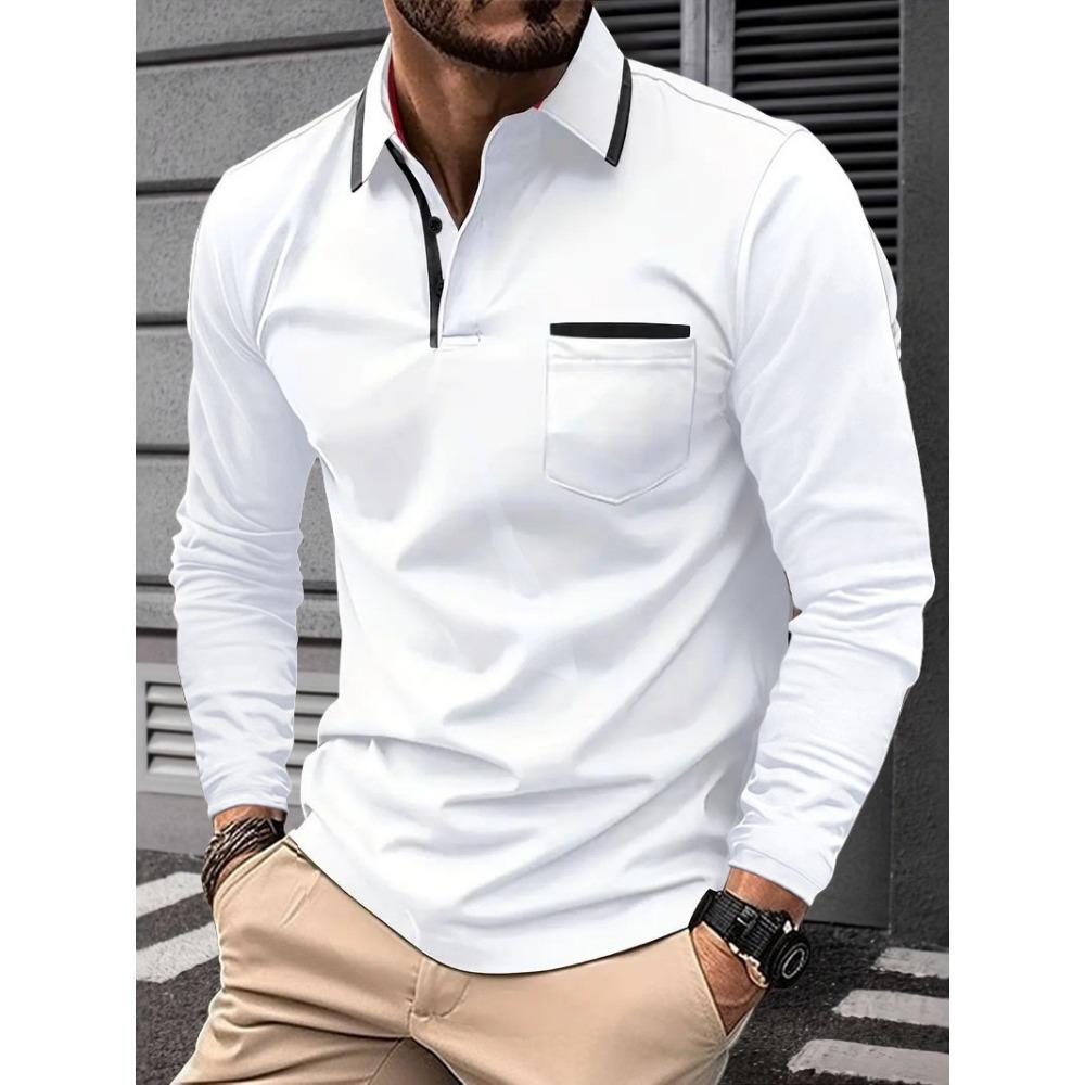 Men's new cross-border fashion lapel collage button men's casual sports long sleeved polo shirt