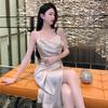 Real Shot Summer New French Blue High-end Atmosphere Fashion Slim Temperament Women's Design Suspender Dress