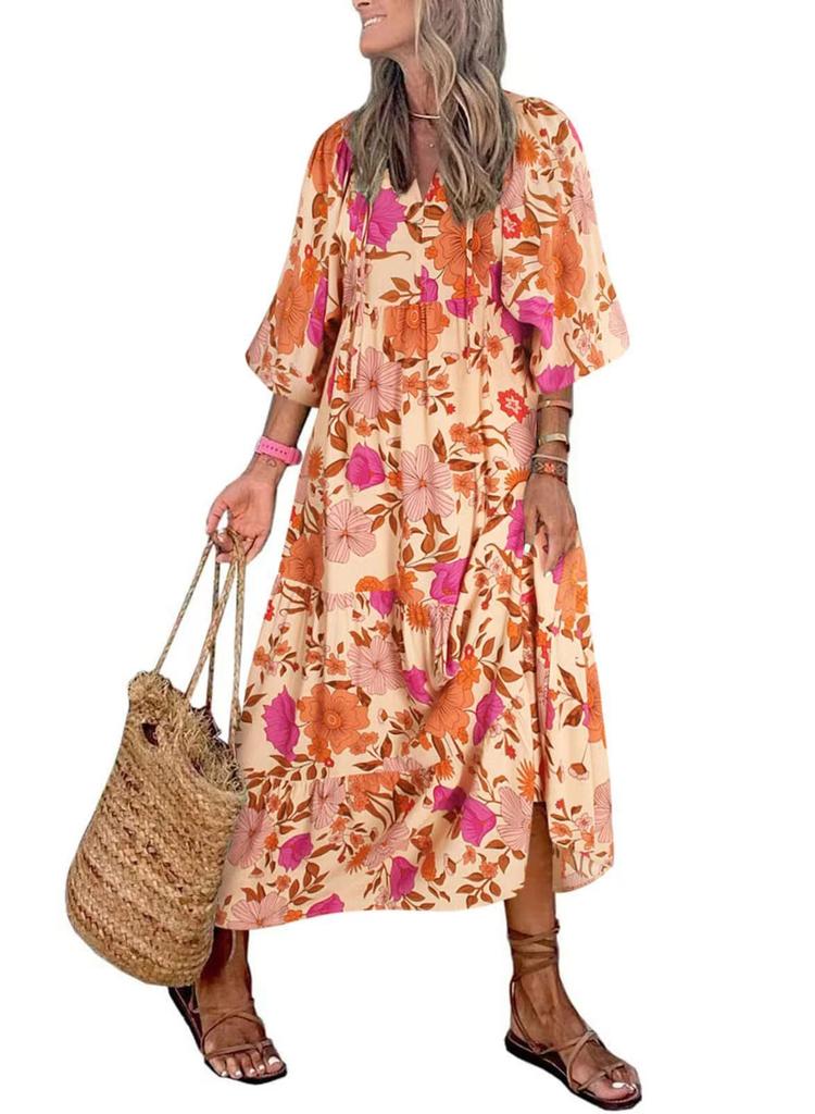 2023 Autumn New Independent Station Hot-selling Geometric Printing Bubble Sleeve Dress Street Fried Street Large Size Women's Clothing