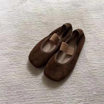 Leather Retro Niche Suede Square Head Shallow Mouth Comfortable Flat Ballet Shoes with Mary Jane Single Shoes Women's Shoes