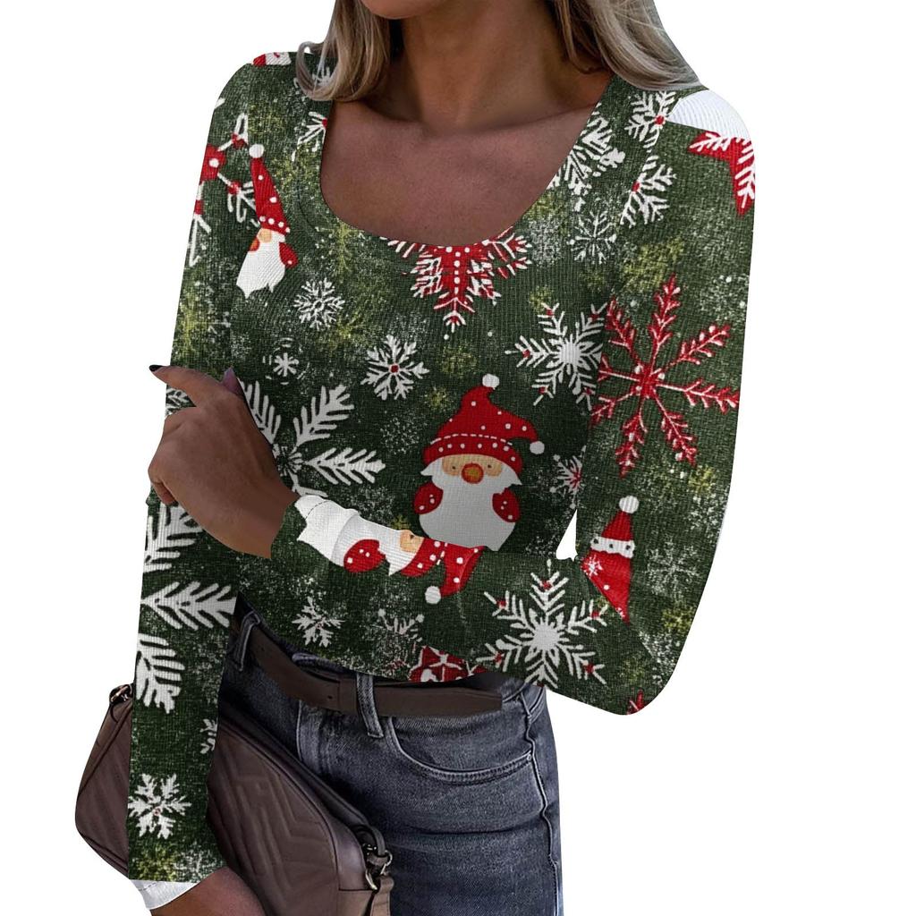 Damenmode Slim Bottom Casual Langarm Weihnachten bedruckt Pullover U-Ausschnitt Top