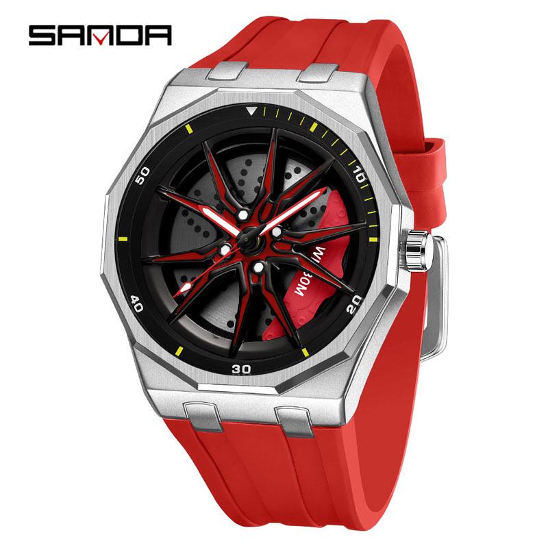 Sanda Men's Waterproof Alloy Car Wheel Design Silicone Wristwatch