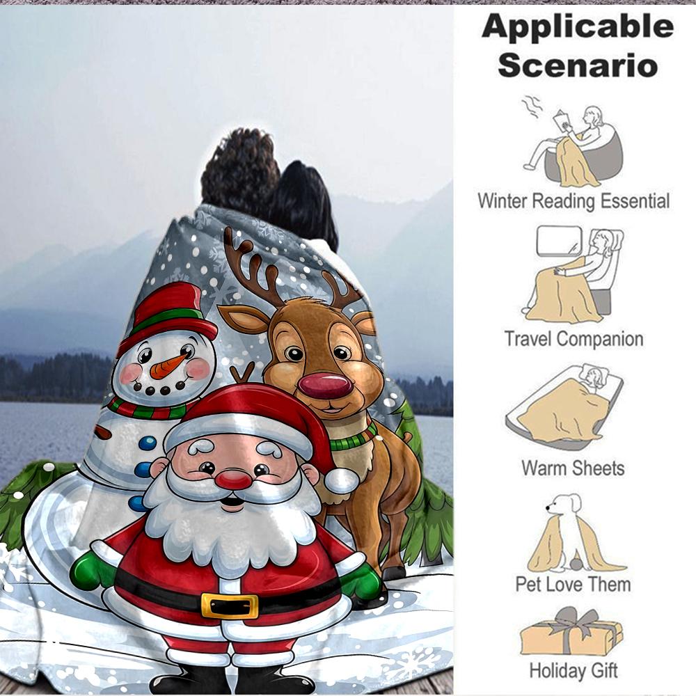 1Pc Christmas Santa Claus Reindeer Flannel Blanket, Soft And Comfortable, Casual Warm, Camping Travel, Christmas, Halloween Xmas Gift. G1121