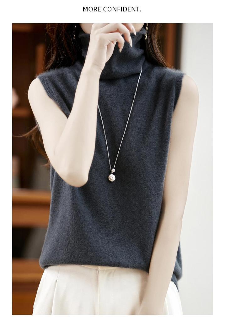 100% Pure Wool Turtleneck Sleeveless Vest for Women - Perfect for Autumn/Winter As a Knit Base Layer Top
