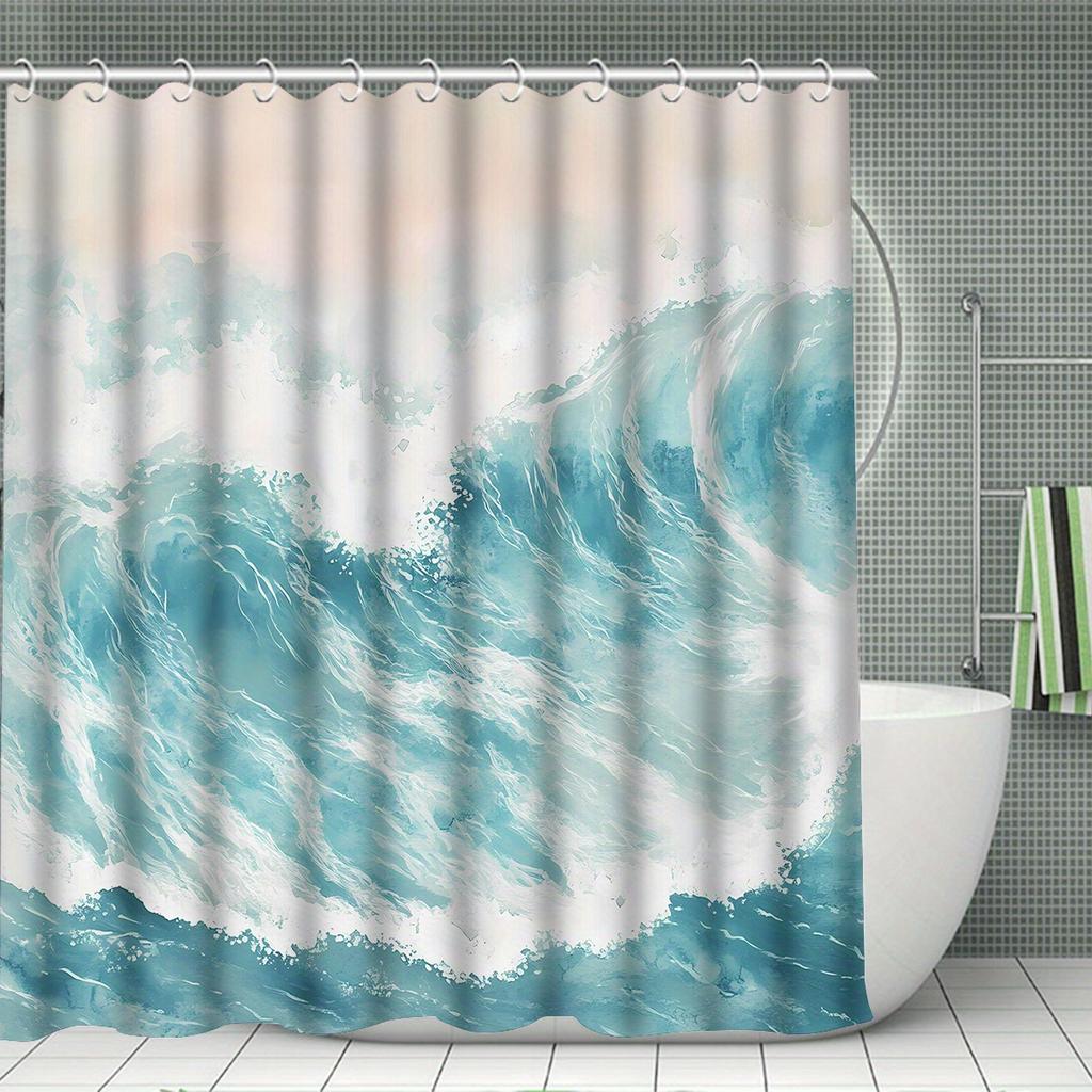 4pcs Luxury abstract Ocean Wave Waterproof Shower Curtain Set Decorative Bathroom Set Non-Slip Carpet Toilet Cover Bath Mat And 12 Hooks