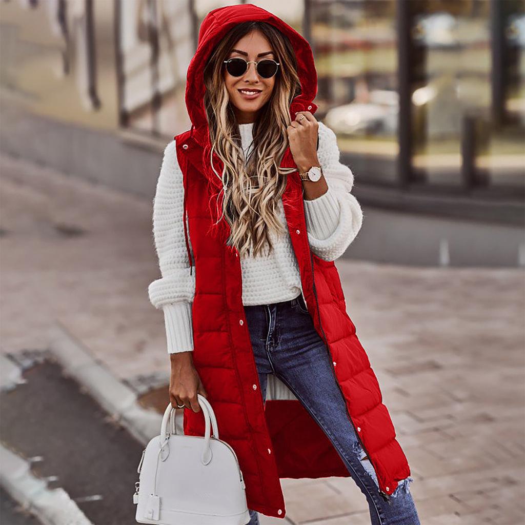 Womens Ladies Warm Plus Size Solid Color Hooded Single Breasted Medium Length Cotton Jacket Waistcoat Slim Cardigan Coat