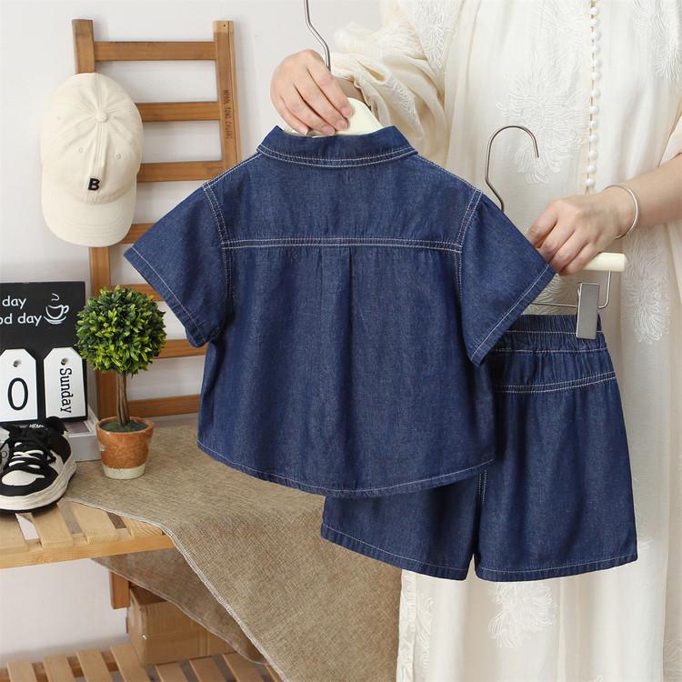 2026 Boys' Summer Denim Set: Short Sleeve Shirt & Shorts with Embroidered Letters