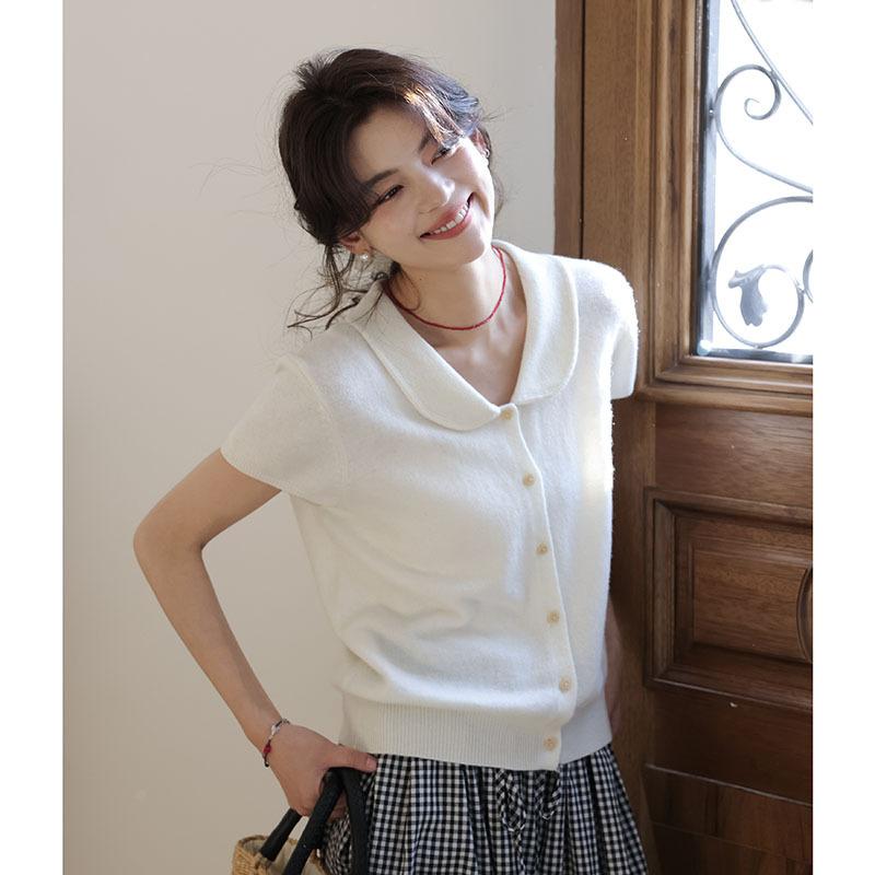 

Summer sweet literary Xiaoqing doll collar knitted short-sleeved T-shirt top shirt average size