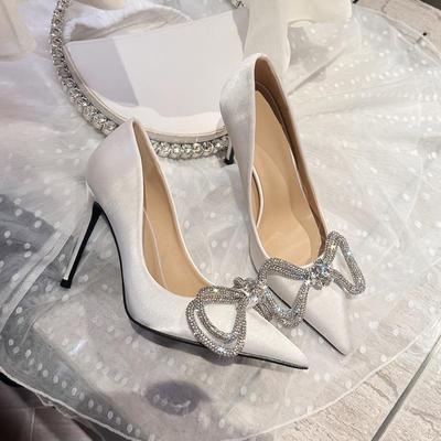 White High Heels, Thin Heels, Pointed Bows, Temperament Socialite Single Shoes, French Wedding Shoes, Women's New Autumn In 2025