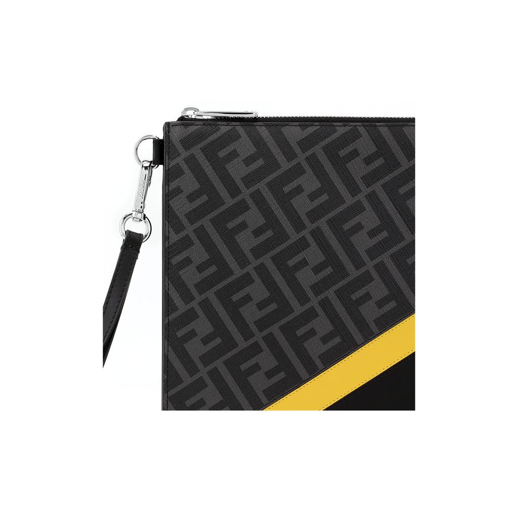 Fendi Monogram Logo FF Pattern Color Block Striped Coated Wristband Canvas And Leather Clutch Men Clutch Black Gray Yellow 7N0110-A9XS-F0R2A