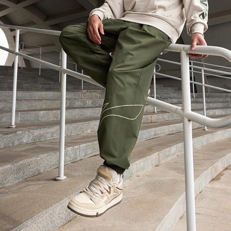 Li-Ning Pure Color Drawstring Loose Knit Sports Pants Men Bottoms Dark-Olive-Green AYKT561-5