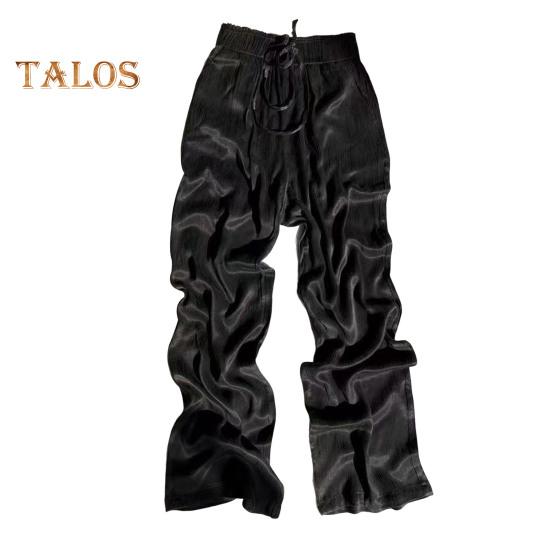 Women Casual Pants Elastic Waist Adjustable Drawstring Straight Wide Leg Trousers with Pockets Solid Color Loose Fit Long Pants