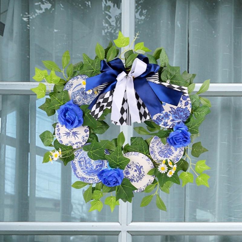 Wooden Plaques Blue and White Porcelain Pattern Wreath Outdoor Courtyard Party Decorations Garlands for Wall Door Window