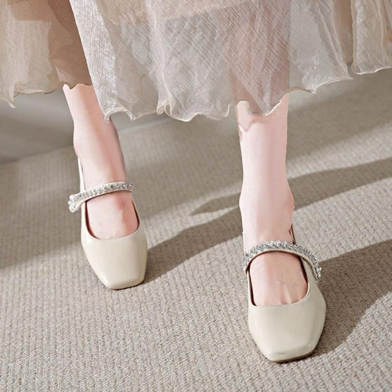 Women's Sandals Covering Toe Mid Heel High Heel Single Shoes Summer Fairy Style with Skirts Rubber Bottom Square Head