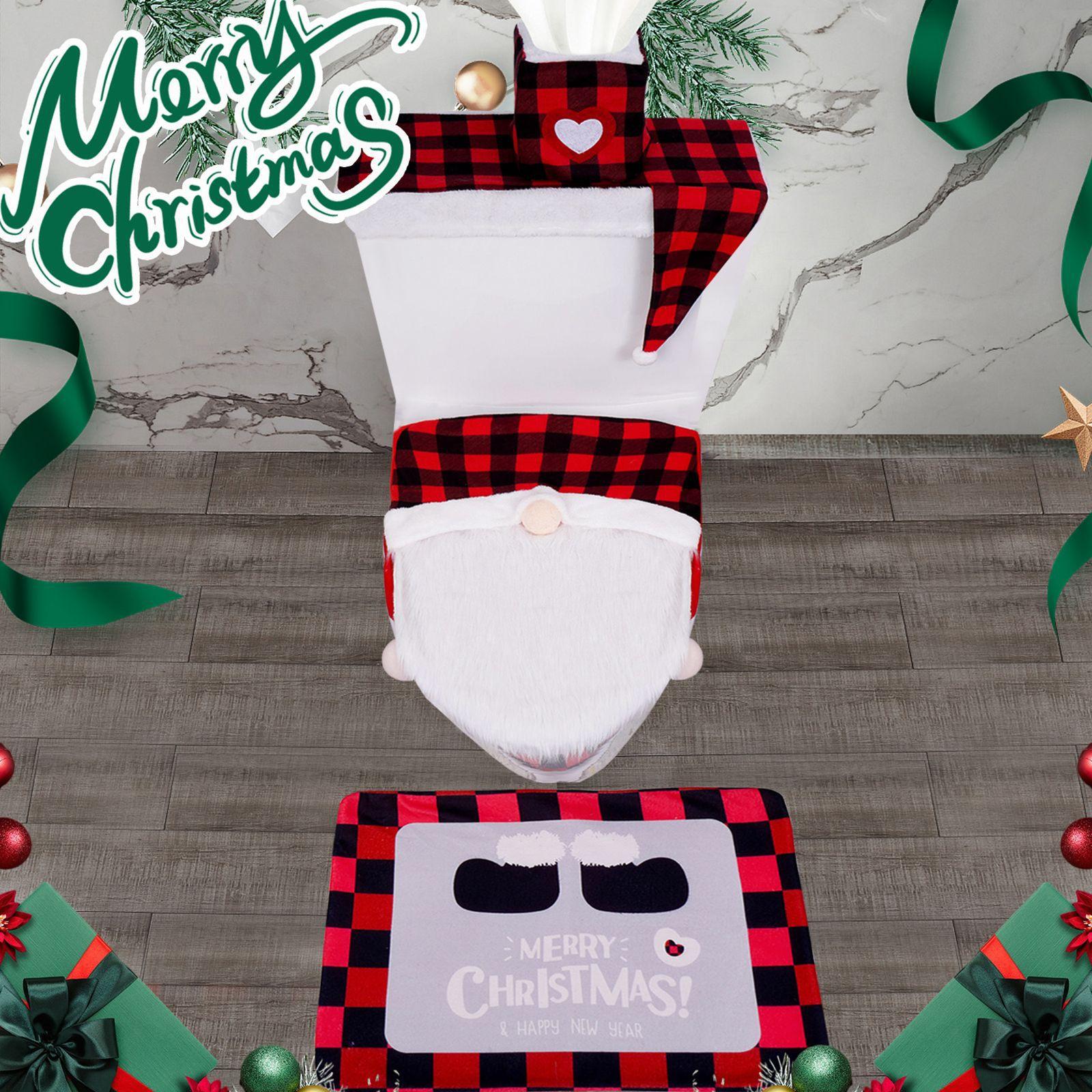 

3pcs/set Christmas Toilet Cover Set 4-Piece: Santa Claus Bathroom Decor with Faceless Doll Red/Green Polyester Seat Covers